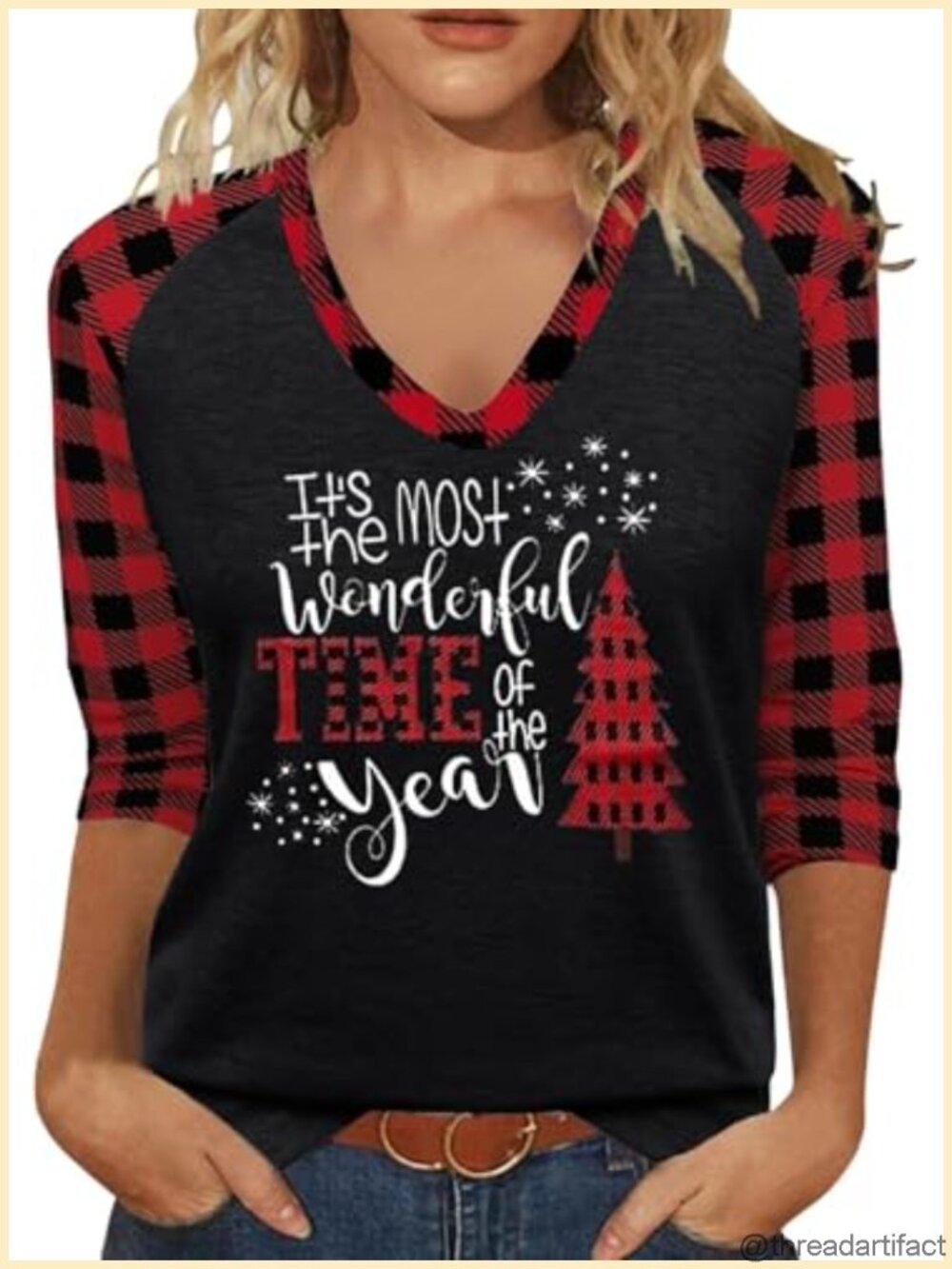 Women's V-Neck 3/4 Sleeve Knitted Pullover Sweater - Casual Fall Winter Top